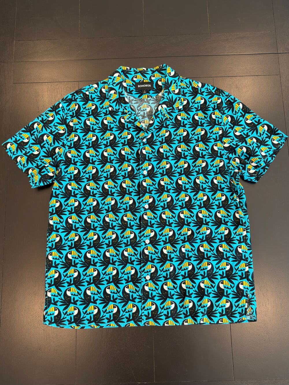 Bonobos Mens Large Riviera Short Sleeve Button Down Shirt Teal Toucan Camp EUC